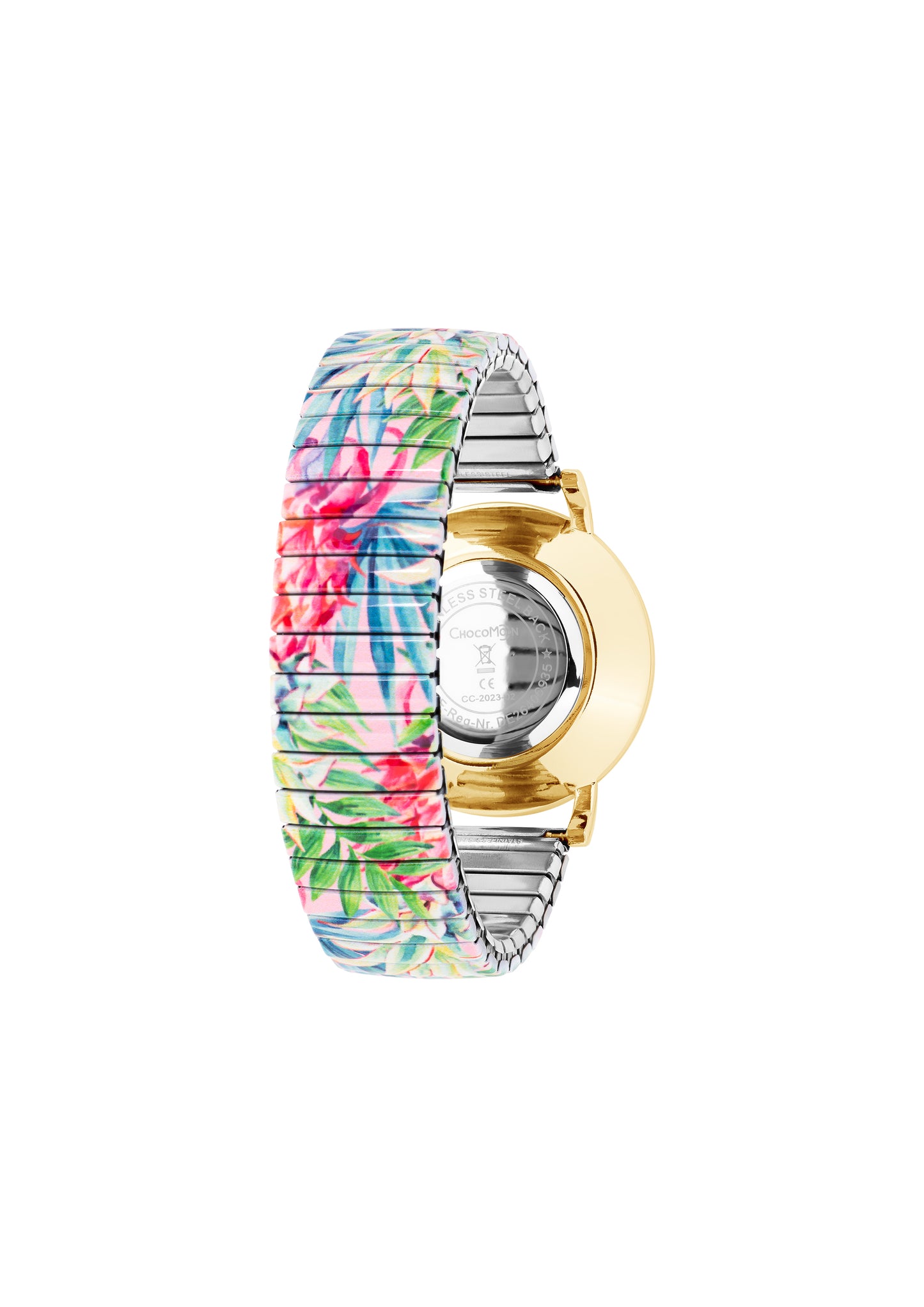 Rückansicht der Choco Moon Damenuhr Pink Pineapple mit floral gemustertem Flexarmband und Edelstahlgehäuseboden