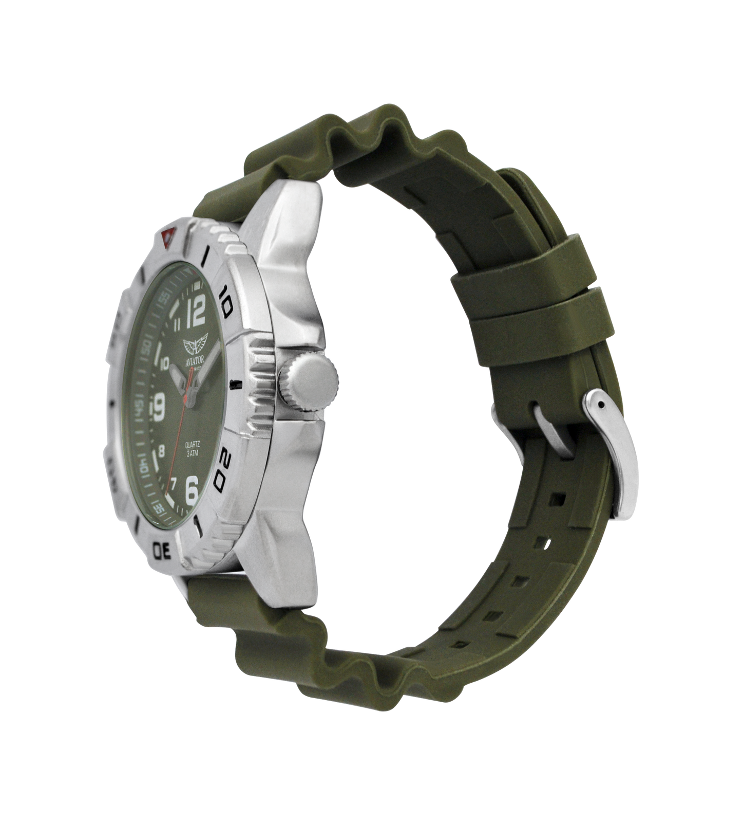 Seitenansicht der Aviator F Series Airborne Herrenuhr mit silbernem Edelstahlgehäuse, geriffelter Krone und khakigrünem Silikonarmband