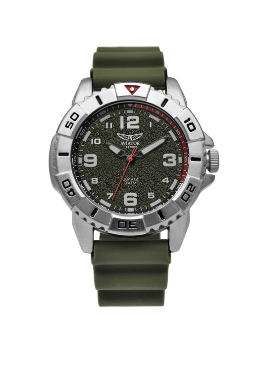 Aviator F Series Airborne Herrenuhr mit silbernem Gehäuse, sandfarbenem Zifferblatt und robustem khakigrünem Silikonarmband