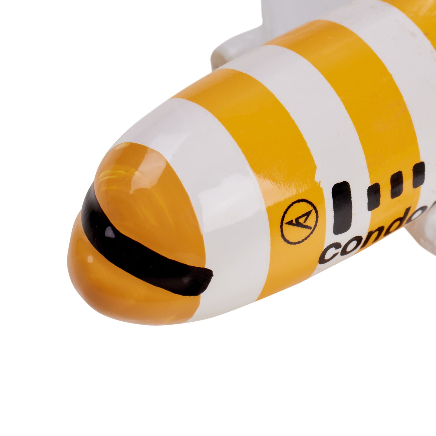 Christbaumkugel Condor Flugzeug Sunshine mit Blick auf die Flugzeugnase und Logo