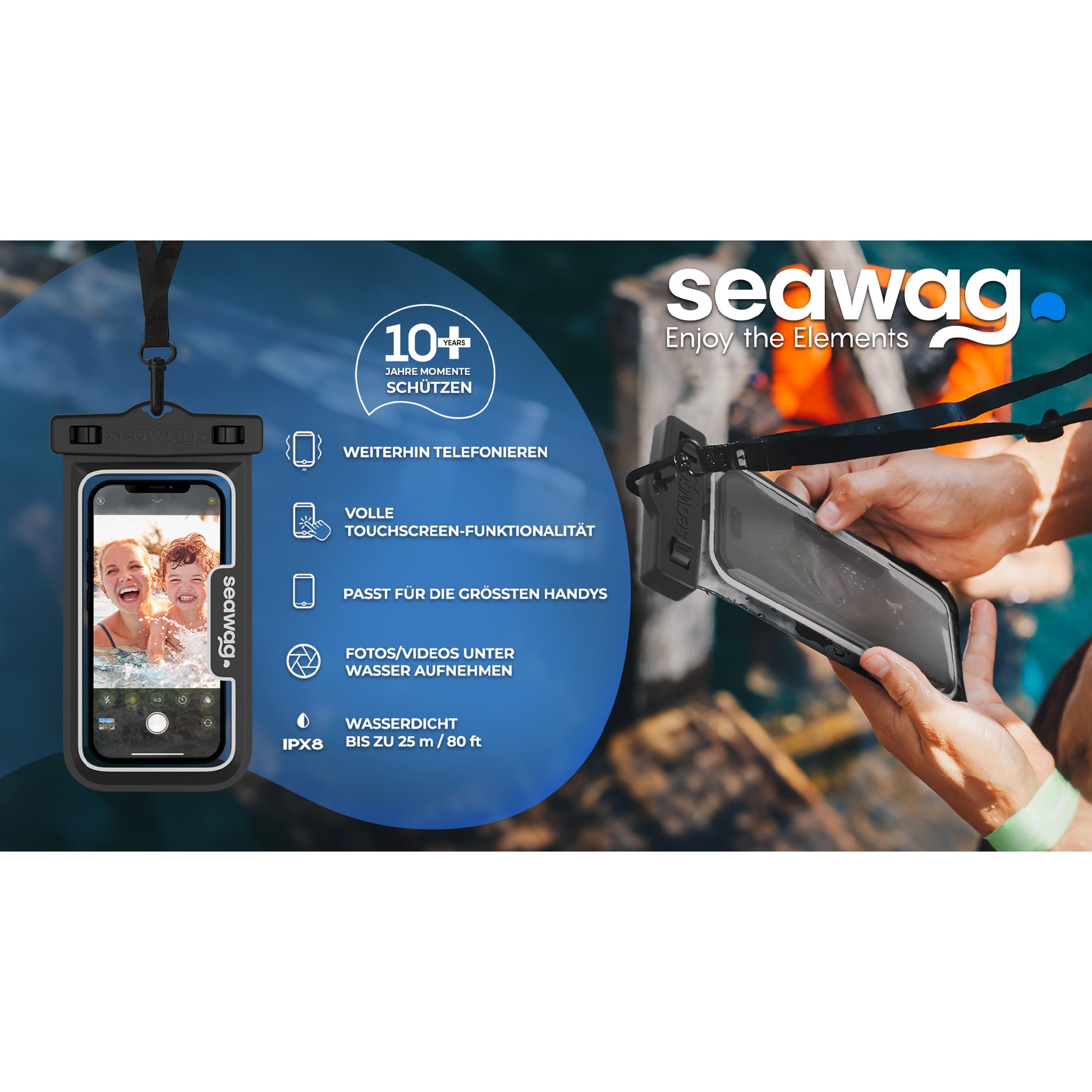 Seawag wasserdichte Handyhülle beim Einsatz am Wasser, mit Informationen zu IPX8-Schutz, Touchscreen-Funktion und Unterwasserfotos