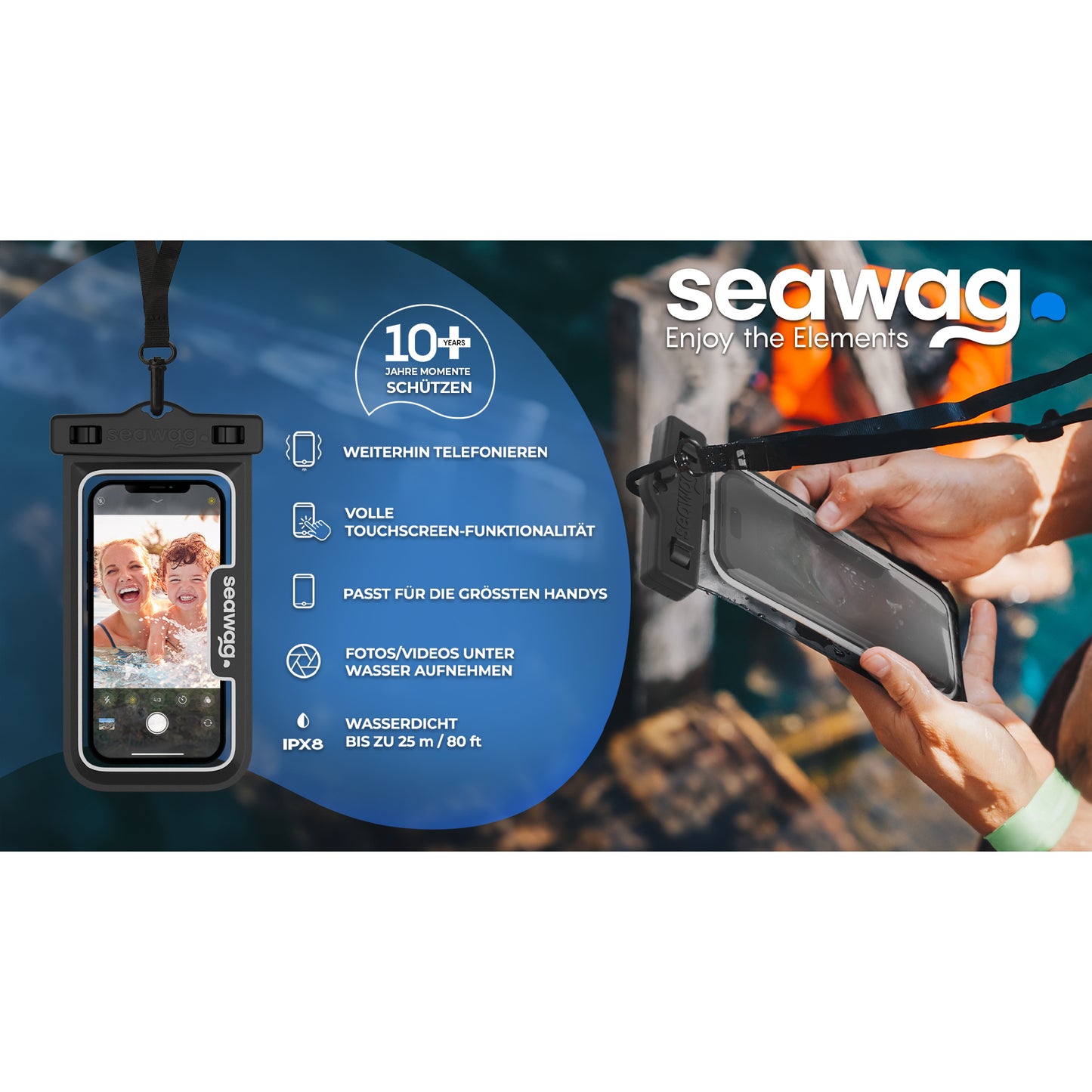 Seawag wasserdichte Handyhülle beim Einsatz am Wasser, mit Informationen zu IPX8-Schutz, Touchscreen-Funktion und Unterwasserfotos