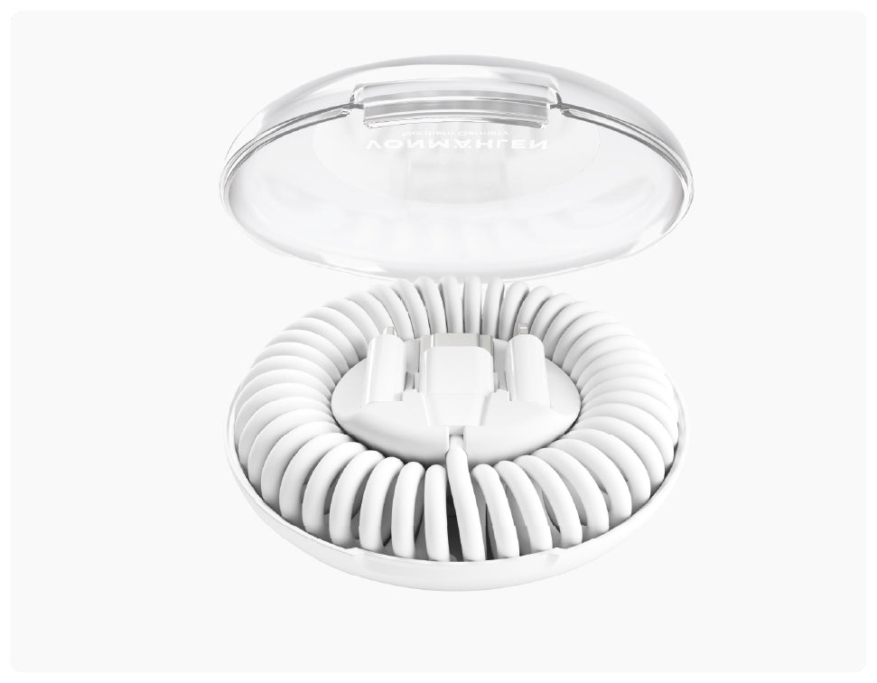 Vonmählen ALLROUNDO ECO aufgerolltes Multiladekabel in transparenter Reisebox mit Deckel