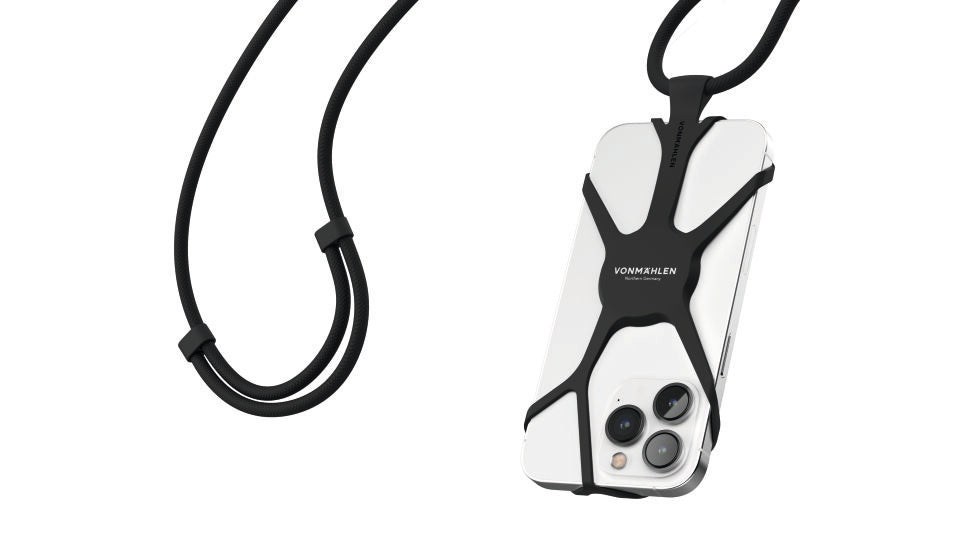 Vonmählen INFINITY HANDYSTRAP mit verstellbarer schwarzer Nylon-Kordel und Silikonhalterung für Smartphones