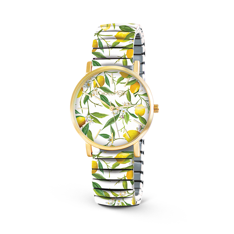 Chocomoon Damenuhr Lemon mit goldfarbenem Gehäuse und frischem Zitronen-Design auf weißem Hintergrund