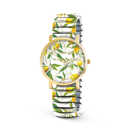 Chocomoon Damenuhr Lemon mit goldfarbenem Gehäuse und frischem Zitronen-Design auf weißem Hintergrund