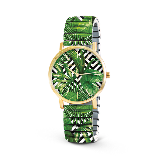 Chocomoon Damenuhr Palmtrees mit goldfarbenem Gehäuse und grünem Palmenblatt-Design auf schwarz-weißem Hintergrund