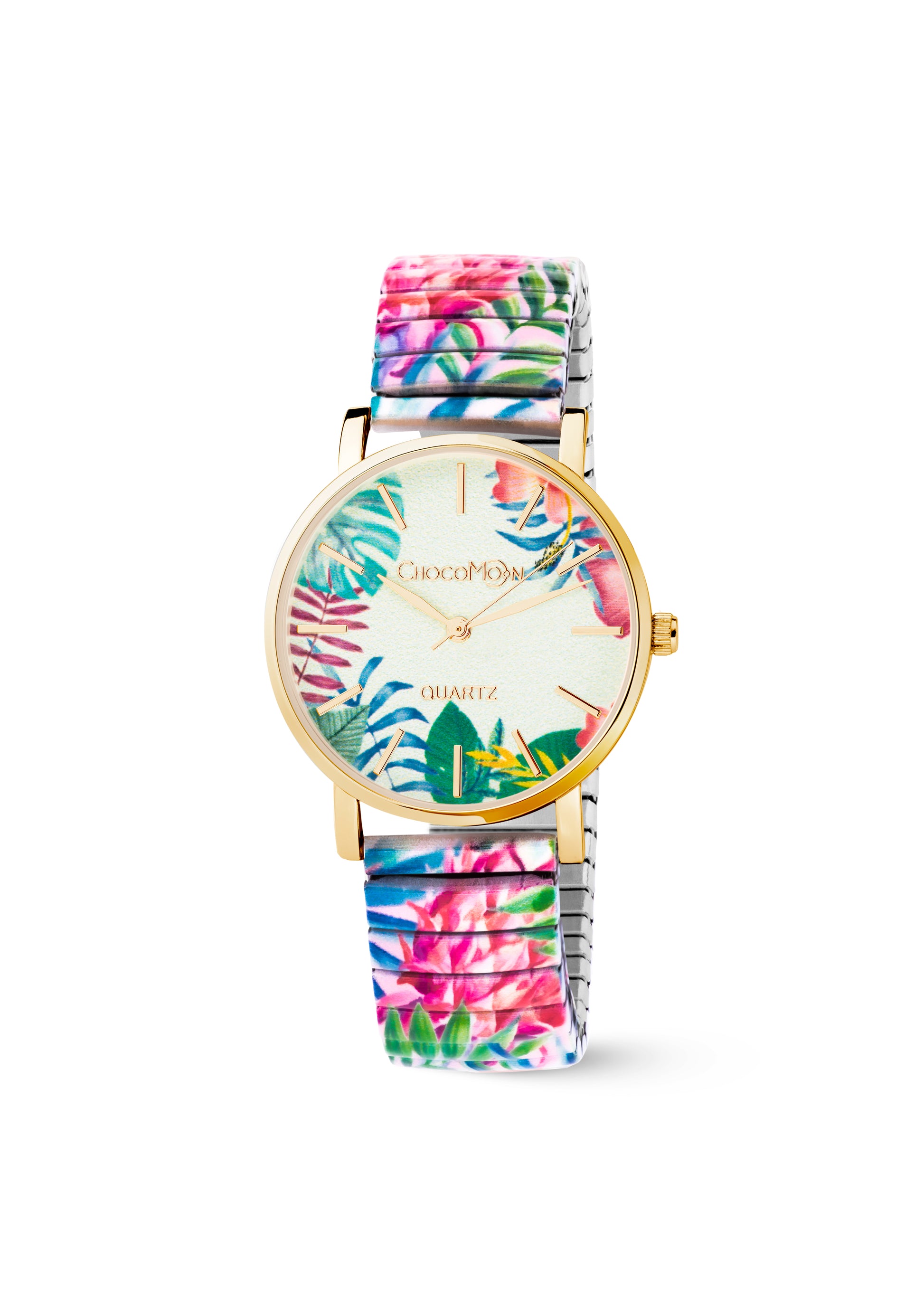 Choco Moon Damenuhr Pink Pineapple mit goldfarbenem Gehäuse und tropischem mint-rosa Armband