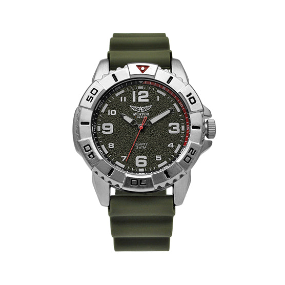 Aviator F Series Airborne Herrenuhr mit silbernem Gehäuse, sandfarbenem Zifferblatt und robustem khakigrünem Silikonarmband