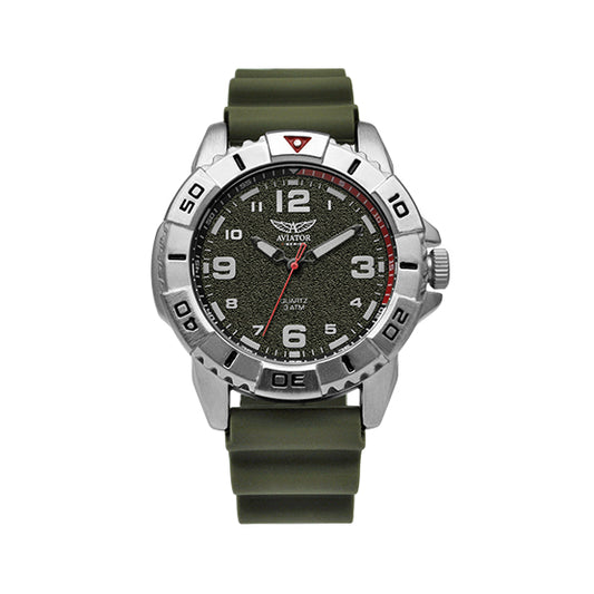 Aviator F Series Airborne Herrenuhr mit silbernem Gehäuse, sandfarbenem Zifferblatt und robustem khakigrünem Silikonarmband