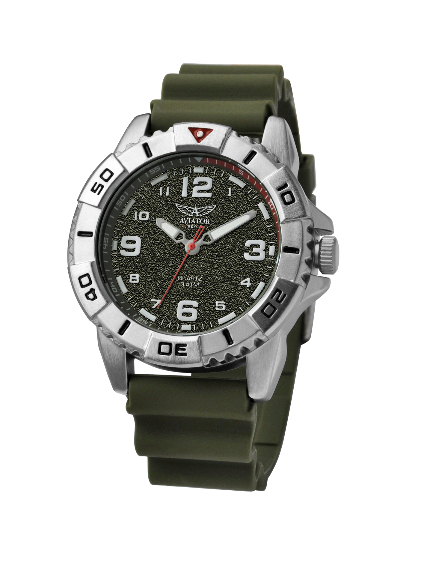 Aviator F Series Airborne Herrenuhr mit silbernem Edelstahlgehäuse, sandfarbenem Zifferblatt und khakigrünem Silikonarmband