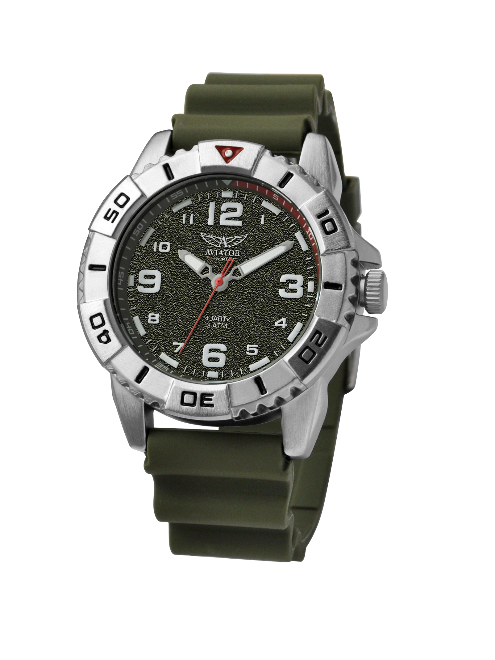 Aviator F Series Airborne Herrenuhr mit silbernem Edelstahlgehäuse, sandfarbenem Zifferblatt und khakigrünem Silikonarmband