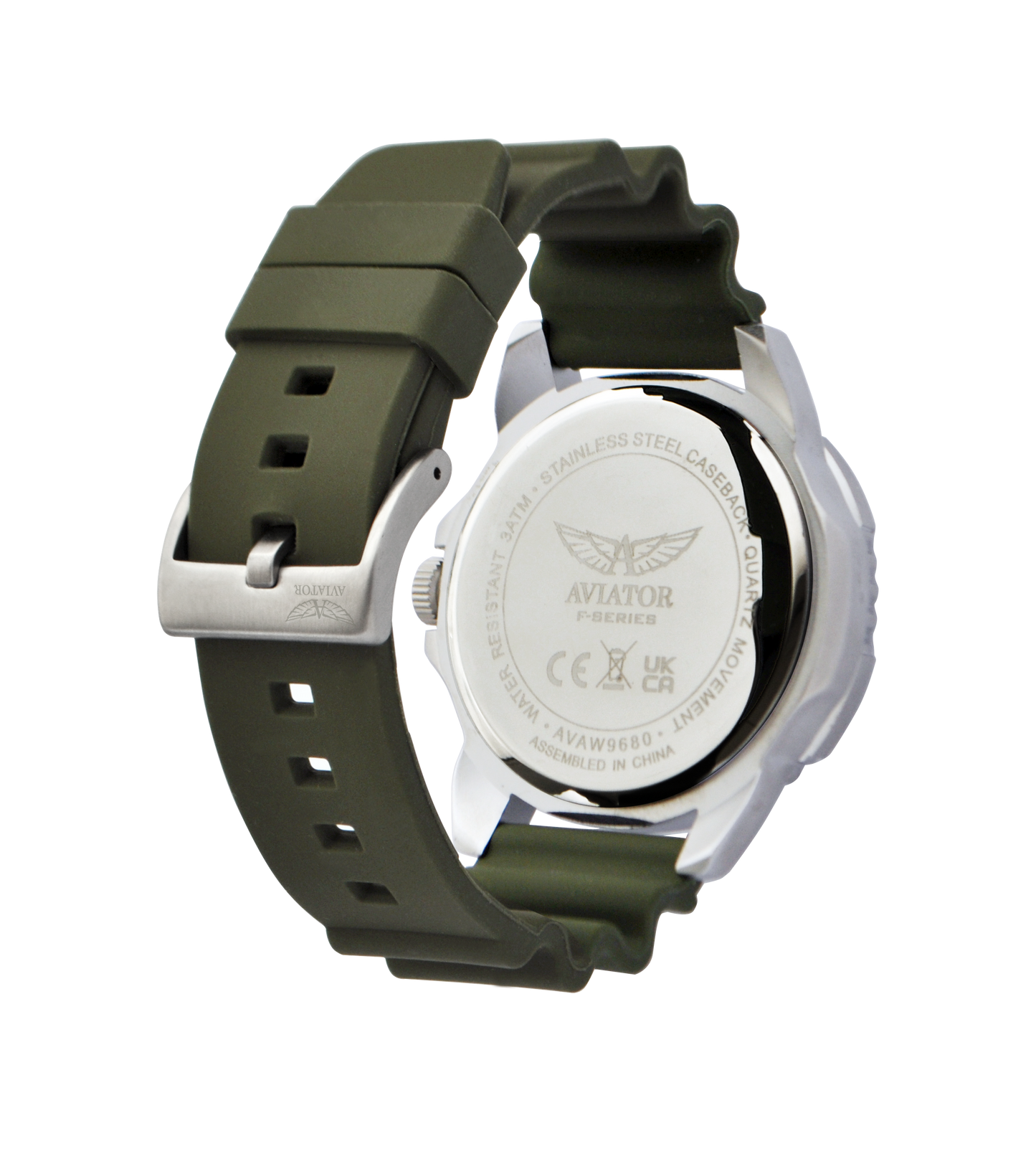 Rückansicht der Aviator F Series Airborne Herrenuhr mit Edelstahlgehäuseboden, Logo-Gravur und khakigrünem Silikonarmband