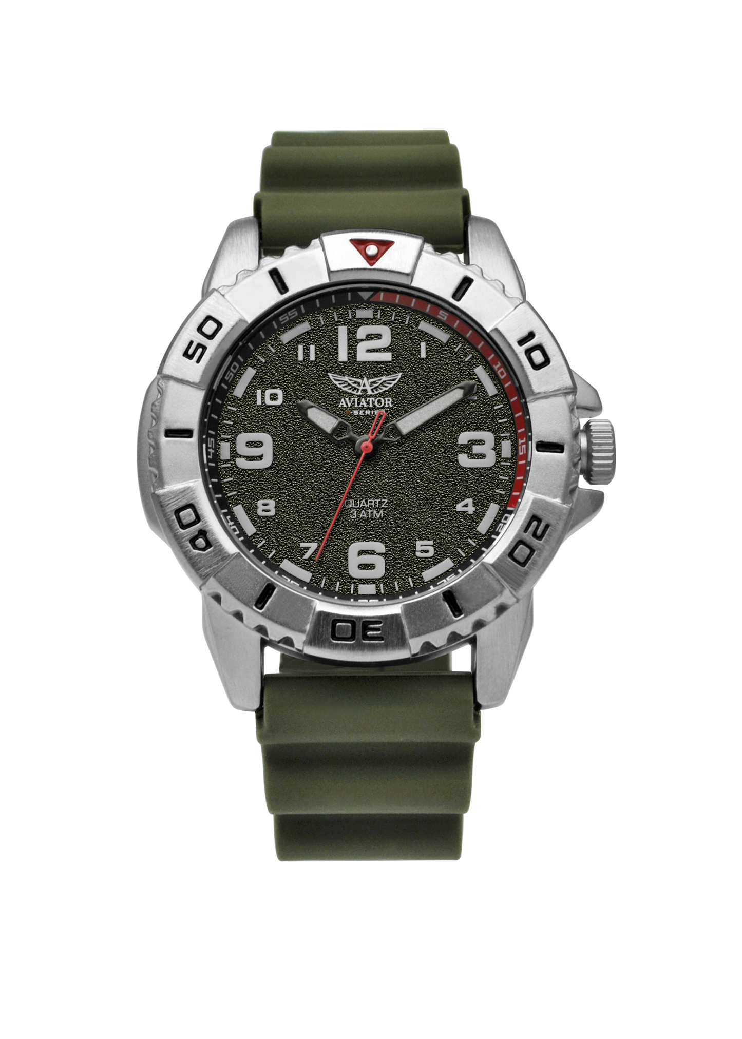Aviator F Series Airborne Herrenuhr mit silbernem Gehäuse, sandfarbenem Zifferblatt und robustem khakigrünem Silikonarmband