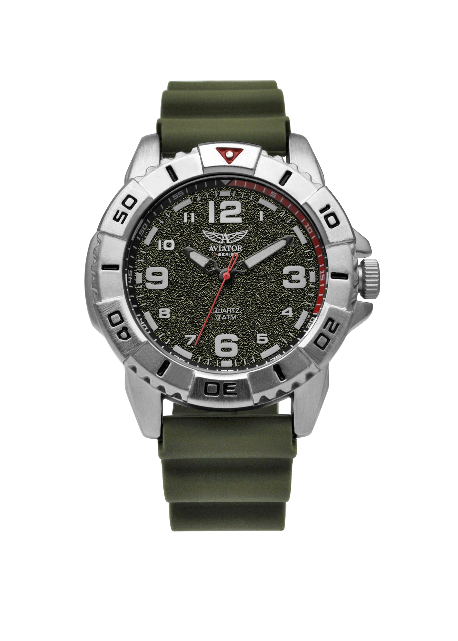 Aviator F Series Airborne Herrenuhr mit silbernem Gehäuse, sandfarbenem Zifferblatt und robustem khakigrünem Silikonarmband