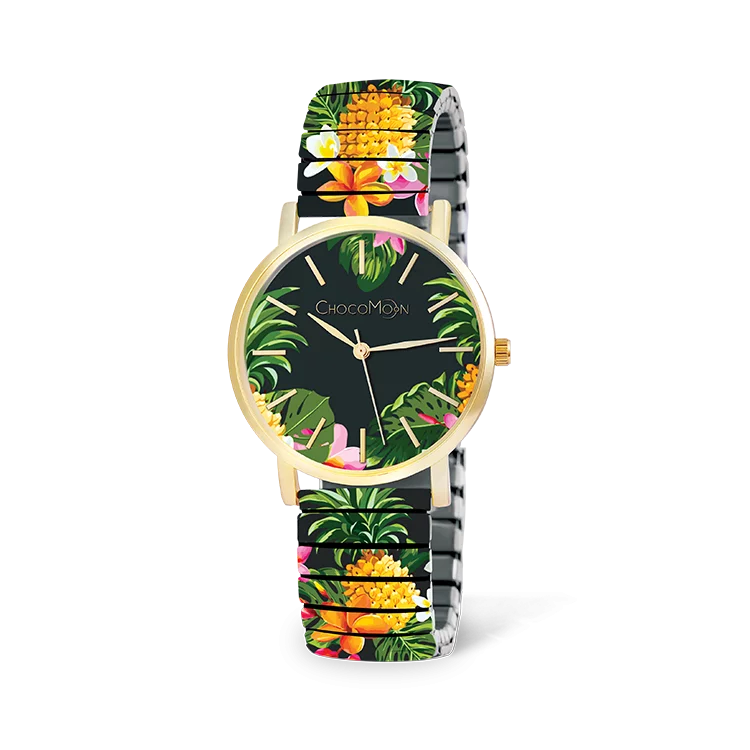 Chocomoon Damenuhr Tropical mit goldfarbenem Gehäuse und tropischem Motiv aus Palmen, Blüten und Früchten