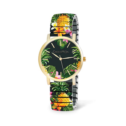 Chocomoon Damenuhr Tropical mit goldfarbenem Gehäuse und tropischem Motiv aus Palmen, Blüten und Früchten