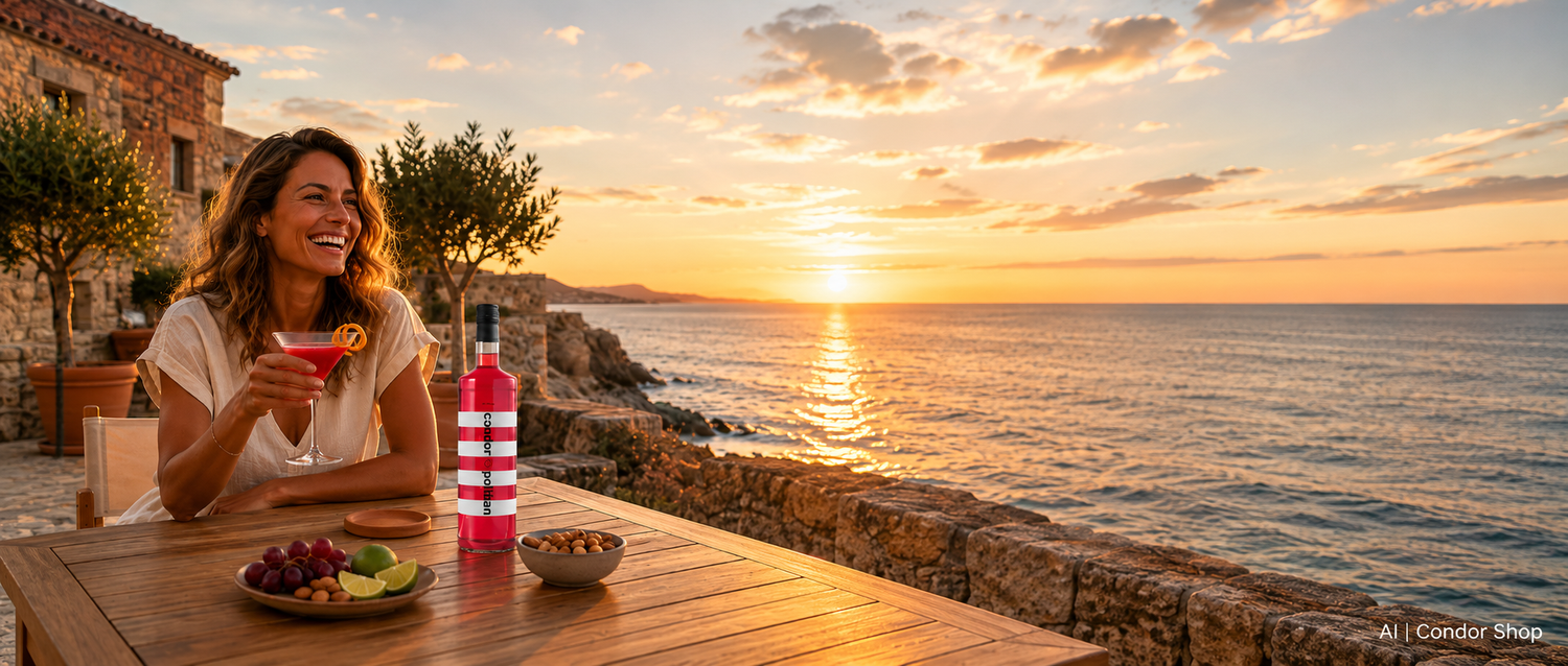 Frau mit Condorpolitan Cocktail und Condorpolitan Flasche auf einer Terrasse am Meer bei Sonnenuntergang (AI)