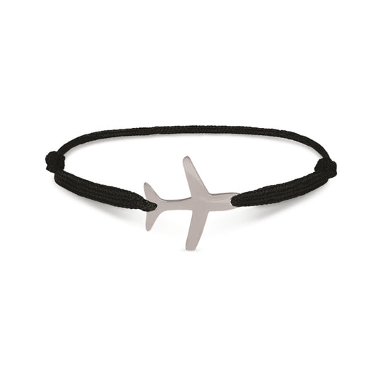 Flybrace Armband mit schwarzer Kordel und silbernem Flugzeuganhänger – handgefertigtes Schmuckstück im minimalistischen Design