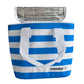 Kühltasche Sea in Blau-Weiß mit Condor-Logo und geöffnetem Deckel, gestreiftes Design mit weißen Tragegriffen
