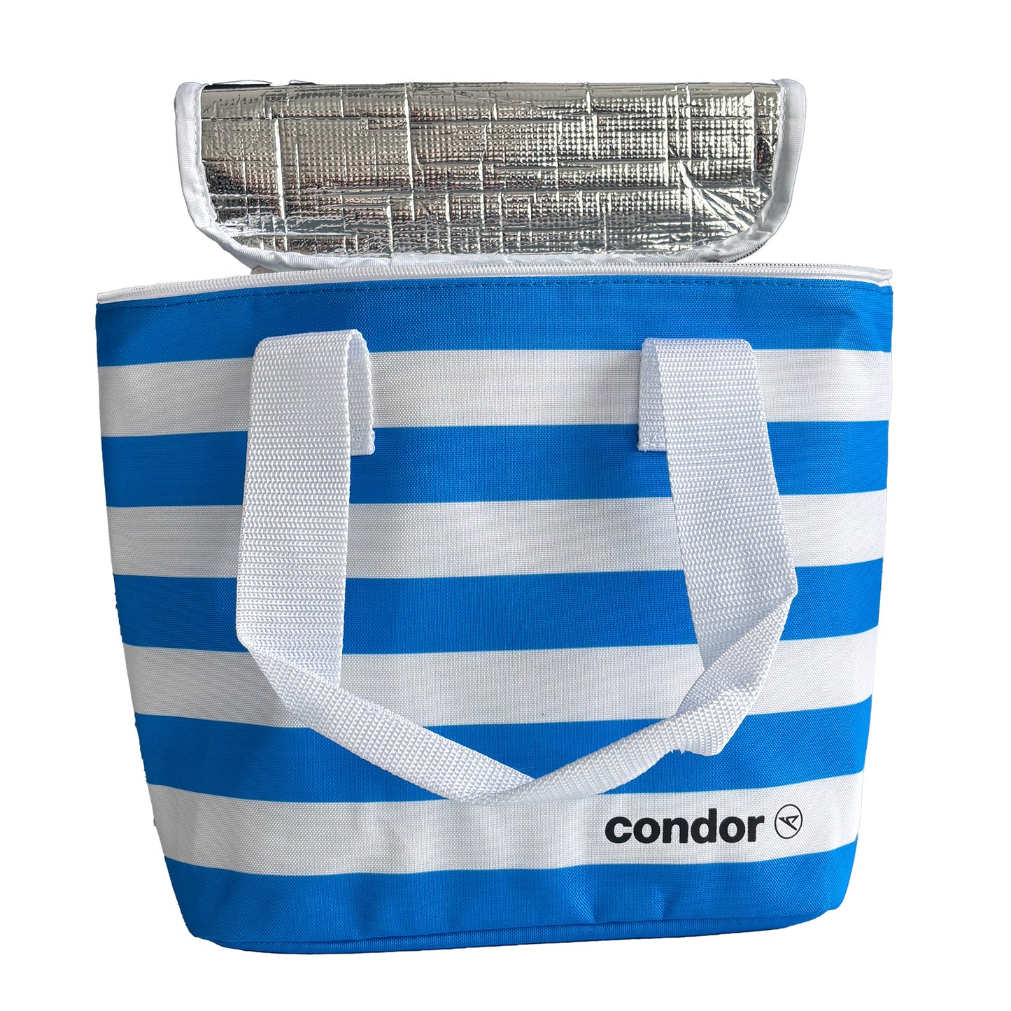Kühltasche Sea in Blau-Weiß mit Condor-Logo und geöffnetem Deckel, gestreiftes Design mit weißen Tragegriffen