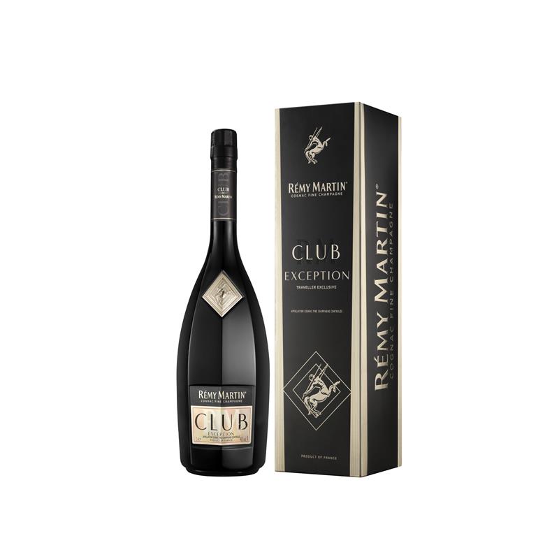 Rémy Martin Club Exception Cognac – elegante schwarze Flasche mit goldfarbenem Etikett und passender Geschenkverpackung in Schwarz-Gold