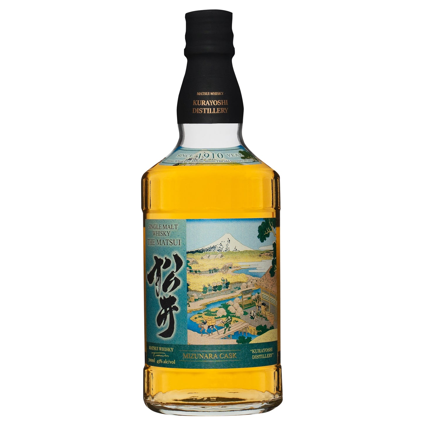 The Matsui Mizunara Cask Japanese Single Malt Whisky – 0,7L Flasche der Kurayoshi Distillery mit japanischer Landschaftsillustration auf dem Etikett