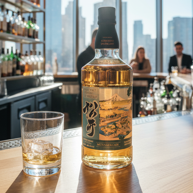 The Matsui Mizunara Cask Japanese Single Malt Whisky mit Glas auf Bartresen, im Hintergrund moderne Bar mit Stadtblick und Gästen