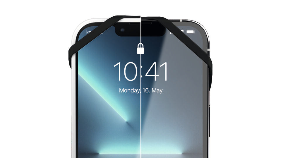 Vorderansicht eines Smartphones mit Vonmählen INFINITY HANDYSTRAP, flexible Silikonhalterung an der Vorderseite befestigt