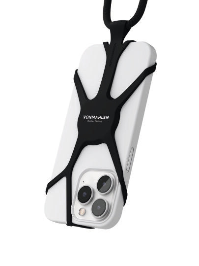 Vonmählen INFINITY HANDYSTRAP in Schwarz, Rückansicht mit Smartphone und elastischer Silikonhalterung