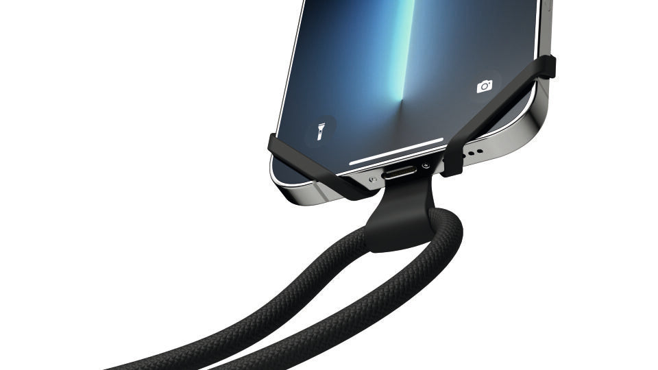 Detailaufnahme des Vonmählen INFINITY HANDYSTRAP, flexible Silikonhalterung am Smartphone mit angeschlossener Nylon-Kordel